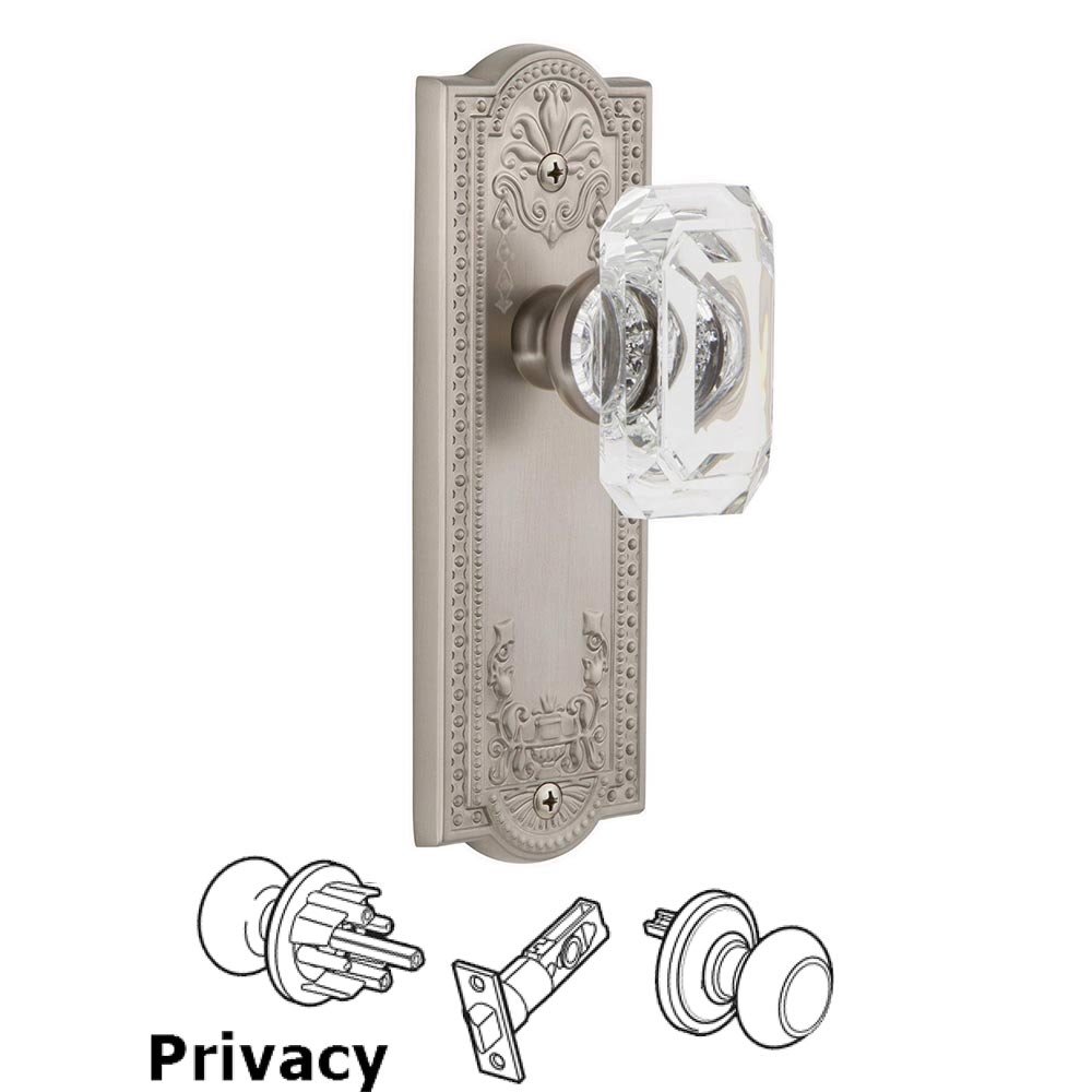Parthenon - Privacy Knob with Baguette Clear Crystal Knob in Satin Nickel