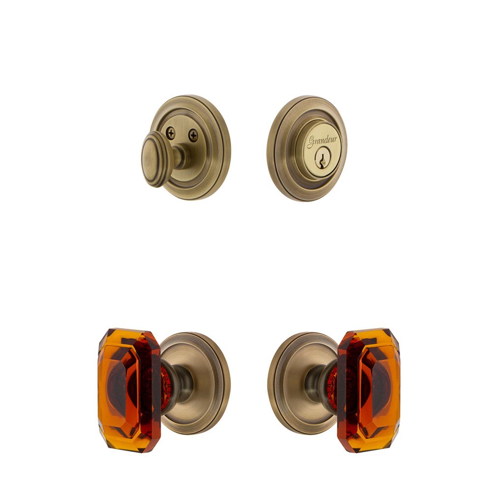 Handleset - Circulaire Rosette With Amber Baguette Crystal Knob & Matching Deadbolt In Vintage Brass