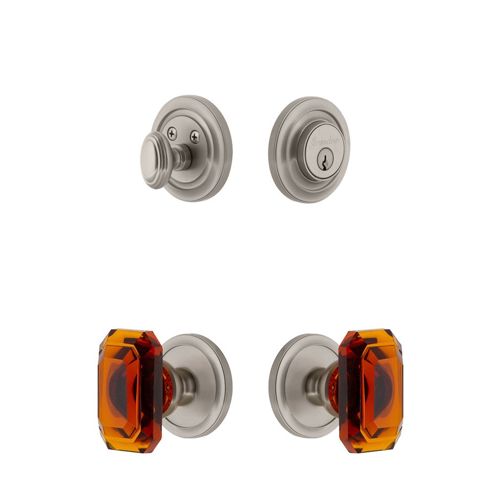Handleset - Circulaire Rosette With Amber Baguette Crystal Knob & Matching Deadbolt In Satin Nickel