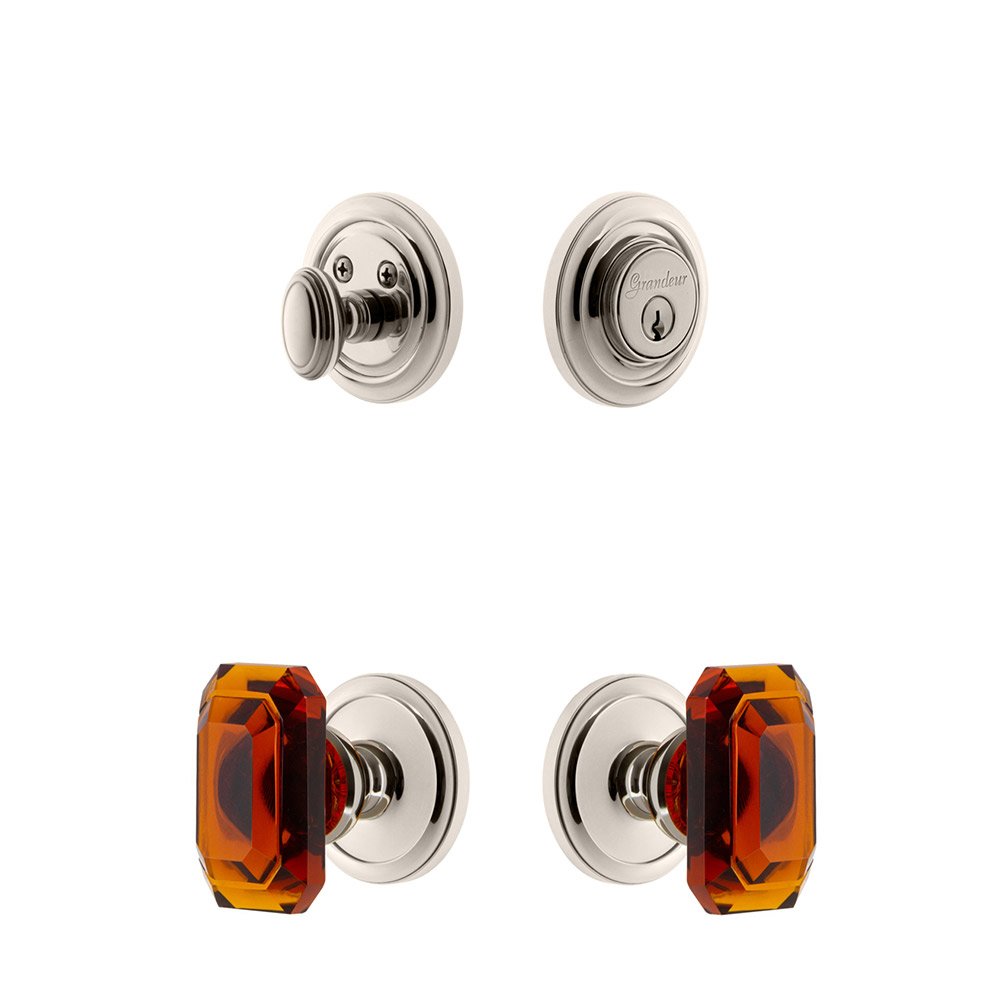 Handleset - Circulaire Rosette With Amber Baguette Crystal Knob & Matching Deadbolt In Polished Nickel