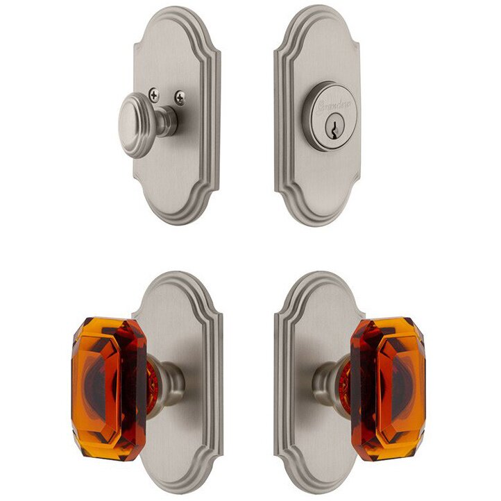 Handleset - Arc Plate With Amber Baguette Crystal Knob & Matching Deadbolt In Satin Nickel