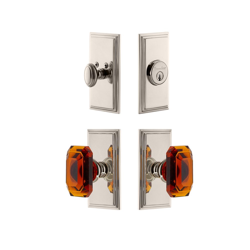 Handleset - Carre Plate With Amber Baguette Crystal Knob & Matching Deadbolt In Polished Nickel
