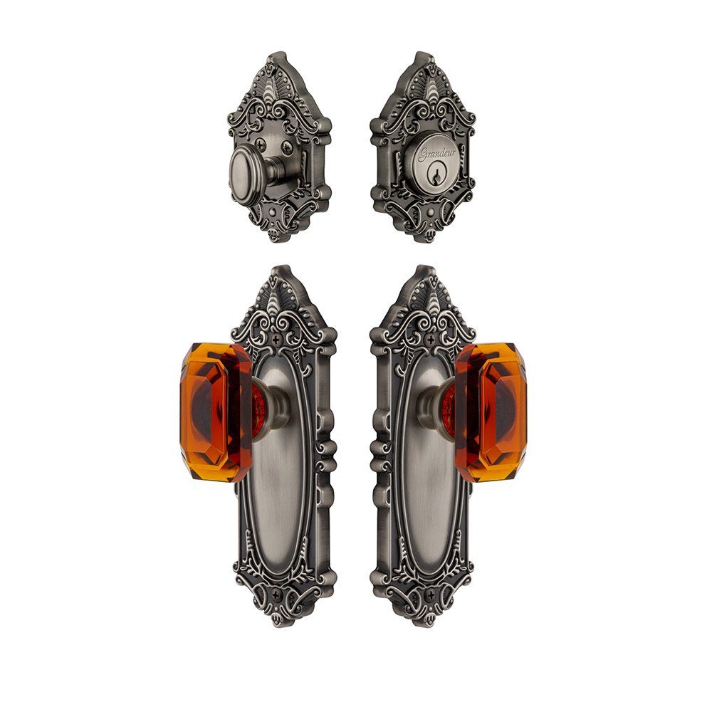 Handleset - Grande Victorian Plate With Amber Baguette Crystal Knob & Matching Deadbolt In Antique Pewter