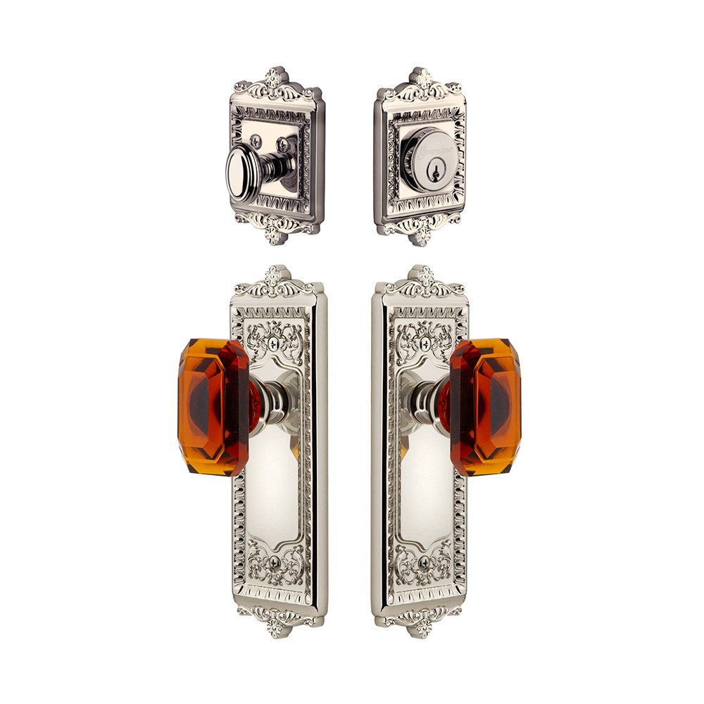 Windsor Plate With Amber Baguette Crystal Knob & Matching Deadbolt In Polished Nickel