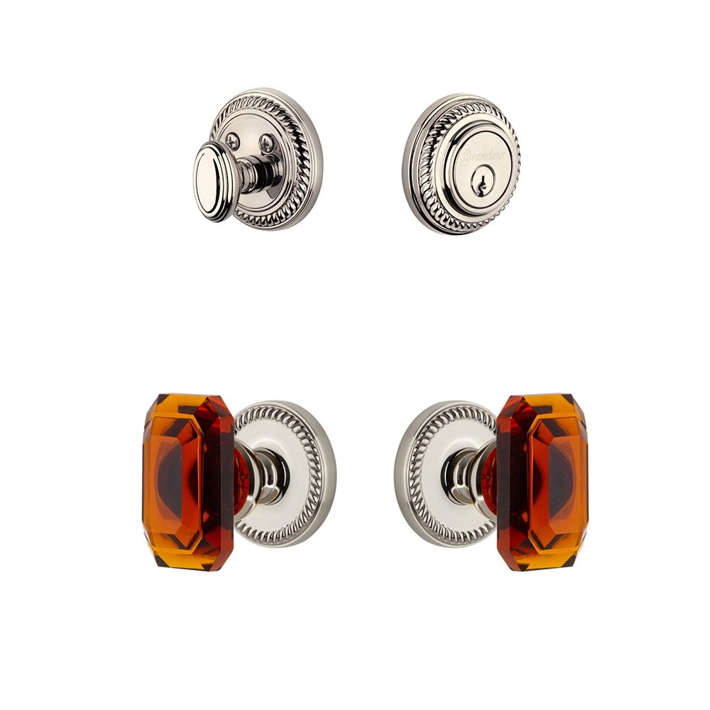 Handleset - Newport Rosette With Amber Baguette Crystal Knob & Matching Deadbolt In Polished Nickel