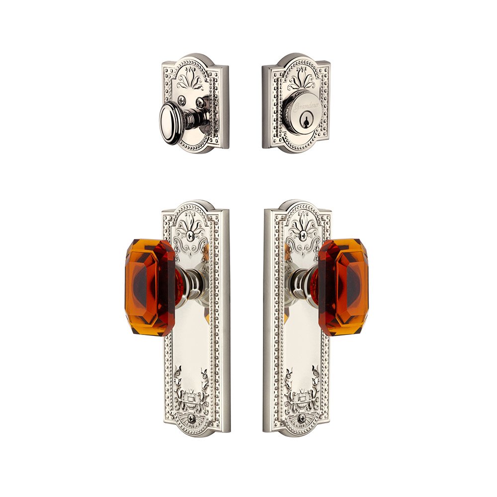 Parthenon Plate With Amber Baguette Crystal Knob & Matching Deadbolt In Polished Nickel