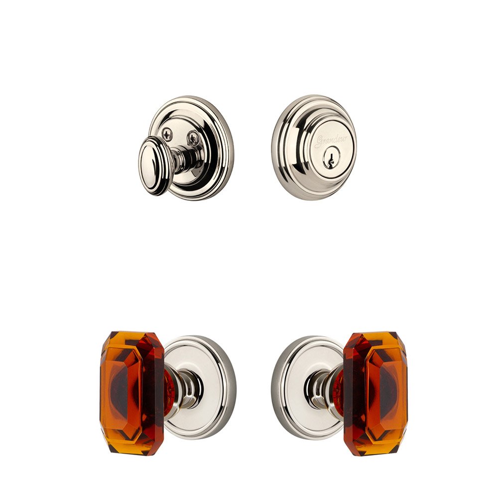 Georgetown Rosette With Amber Baguette Crystal Knob & Matching Deadbolt In Polished Nickel