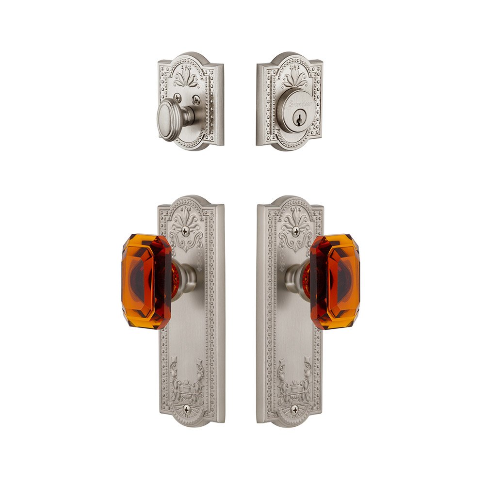 Parthenon Plate With Amber Baguette Crystal Knob & Matching Deadbolt In Satin Nickel