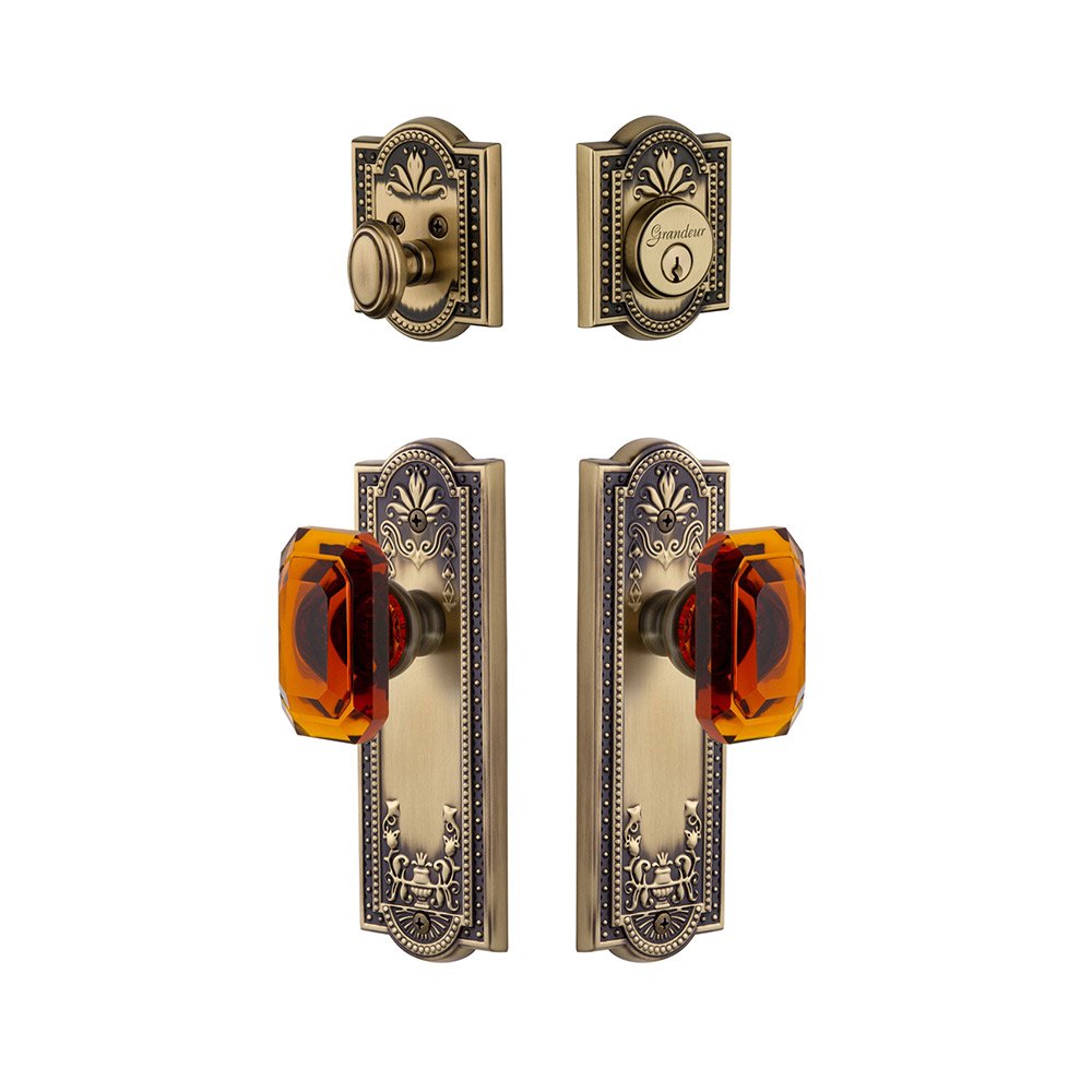 Parthenon Plate With Amber Baguette Crystal Knob & Matching Deadbolt In Vintage Brass