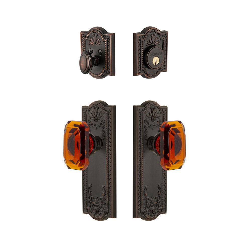 Parthenon Plate With Amber Baguette Crystal Knob & Matching Deadbolt In Timeless Bronze