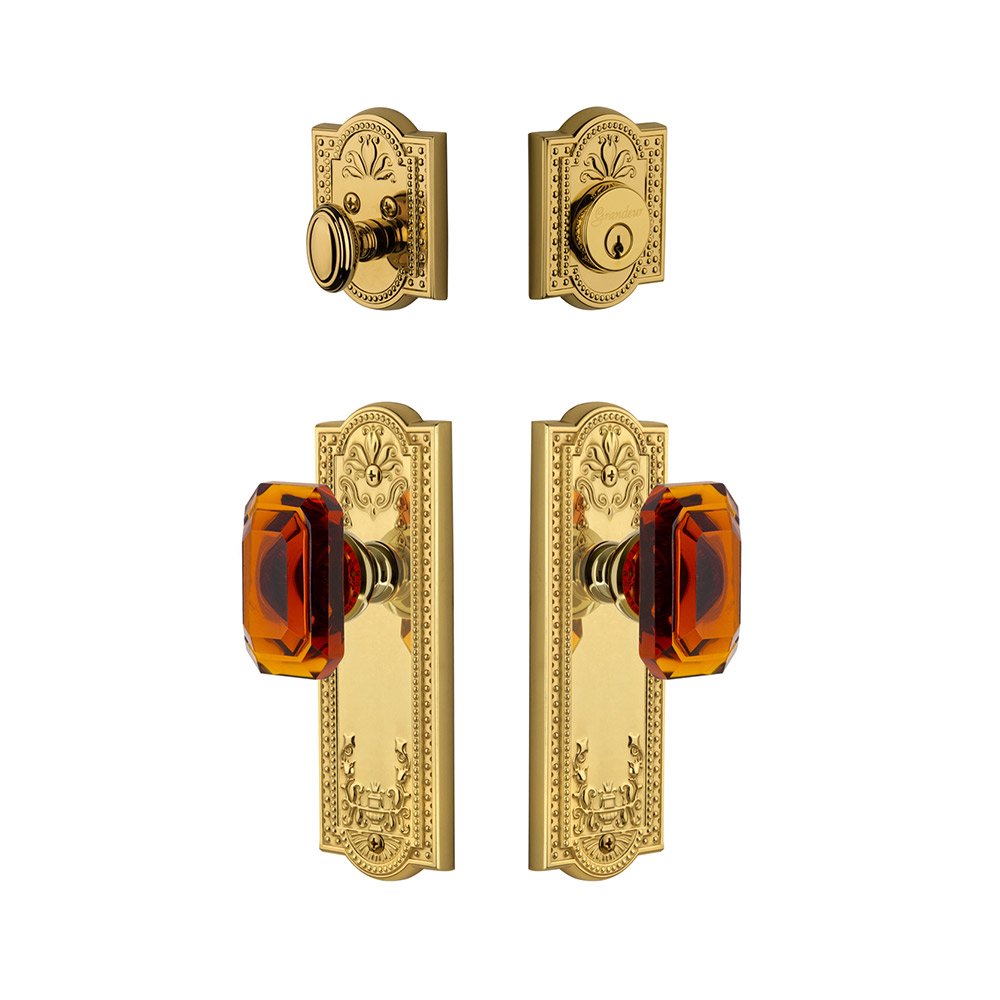Parthenon Plate With Amber Baguette Crystal Knob & Matching Deadbolt In Lifetime Brass