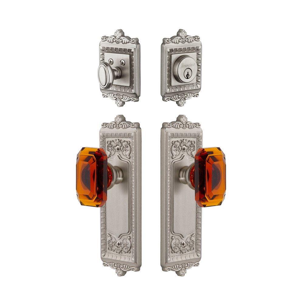 Windsor Plate With Amber Baguette Crystal Knob & Matching Deadbolt In Satin Nickel