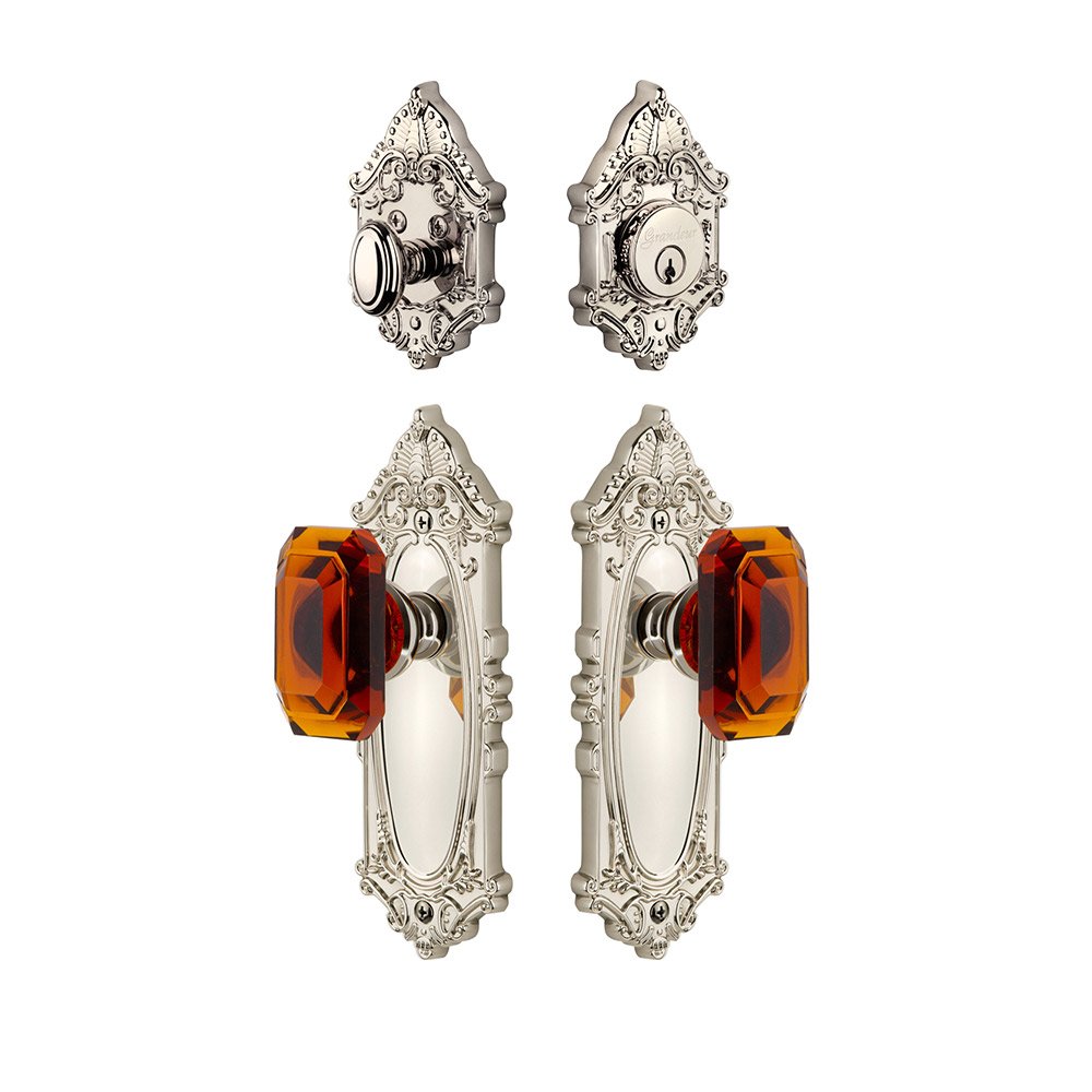 Handleset - Grande Victorian Plate With Amber Baguette Crystal Knob & Matching Deadbolt In Polished Nickel