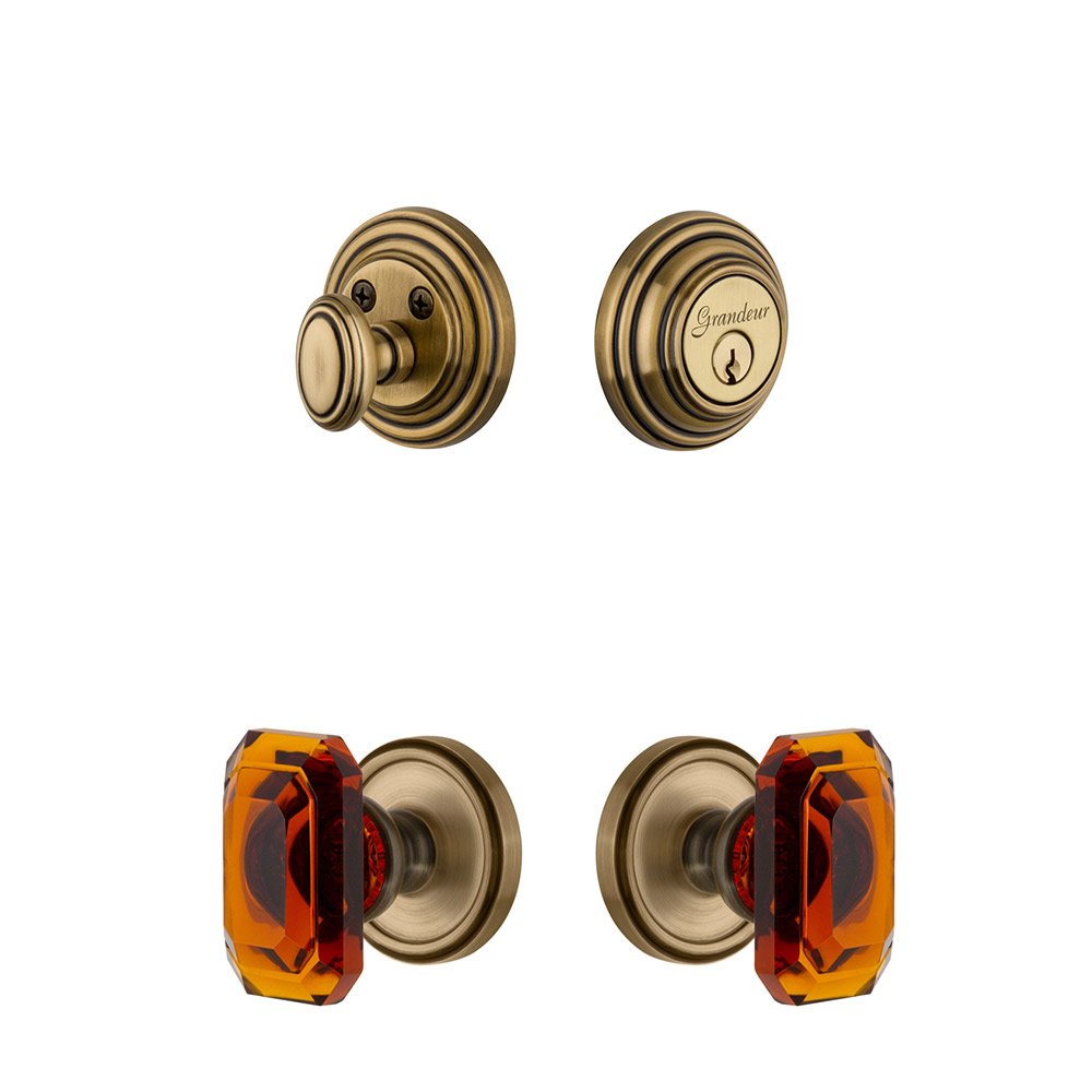Georgetown Rosette With Amber Baguette Crystal Knob & Matching Deadbolt In Vintage Brass