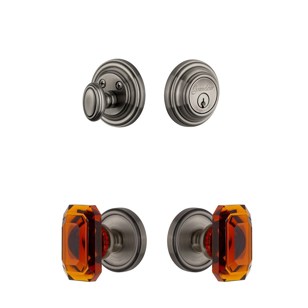 Georgetown Rosette With Amber Baguette Crystal Knob & Matching Deadbolt In Antique Pewter