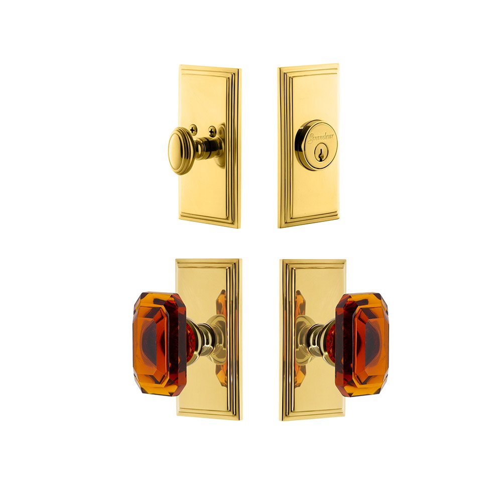 Handleset - Carre Plate With Amber Baguette Crystal Knob & Matching Deadbolt In Lifetime Brass