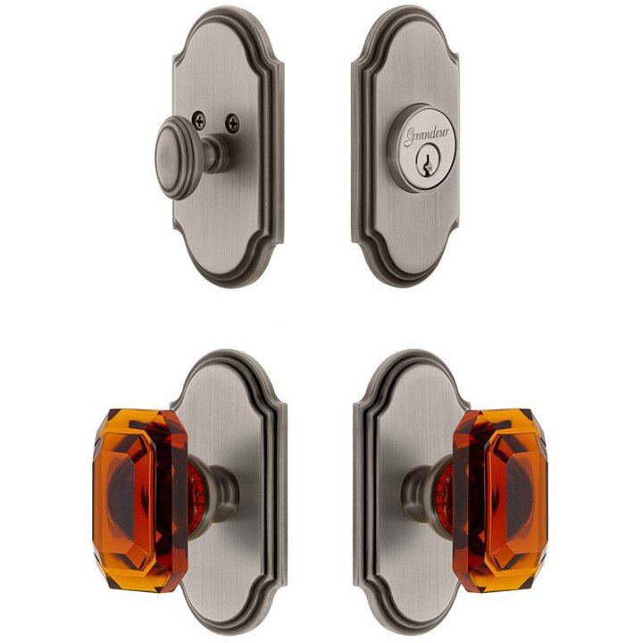 Handleset - Arc Plate With Amber Baguette Crystal Knob & Matching Deadbolt In Antique Pewter