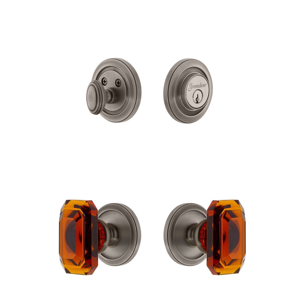Handleset - Circulaire Rosette With Amber Baguette Crystal Knob & Matching Deadbolt In Antique Pewter