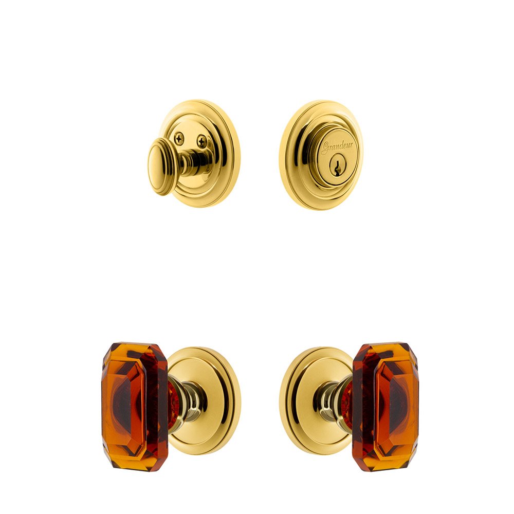 Handleset - Circulaire Rosette With Amber Baguette Crystal Knob & Matching Deadbolt In Lifetime Brass
