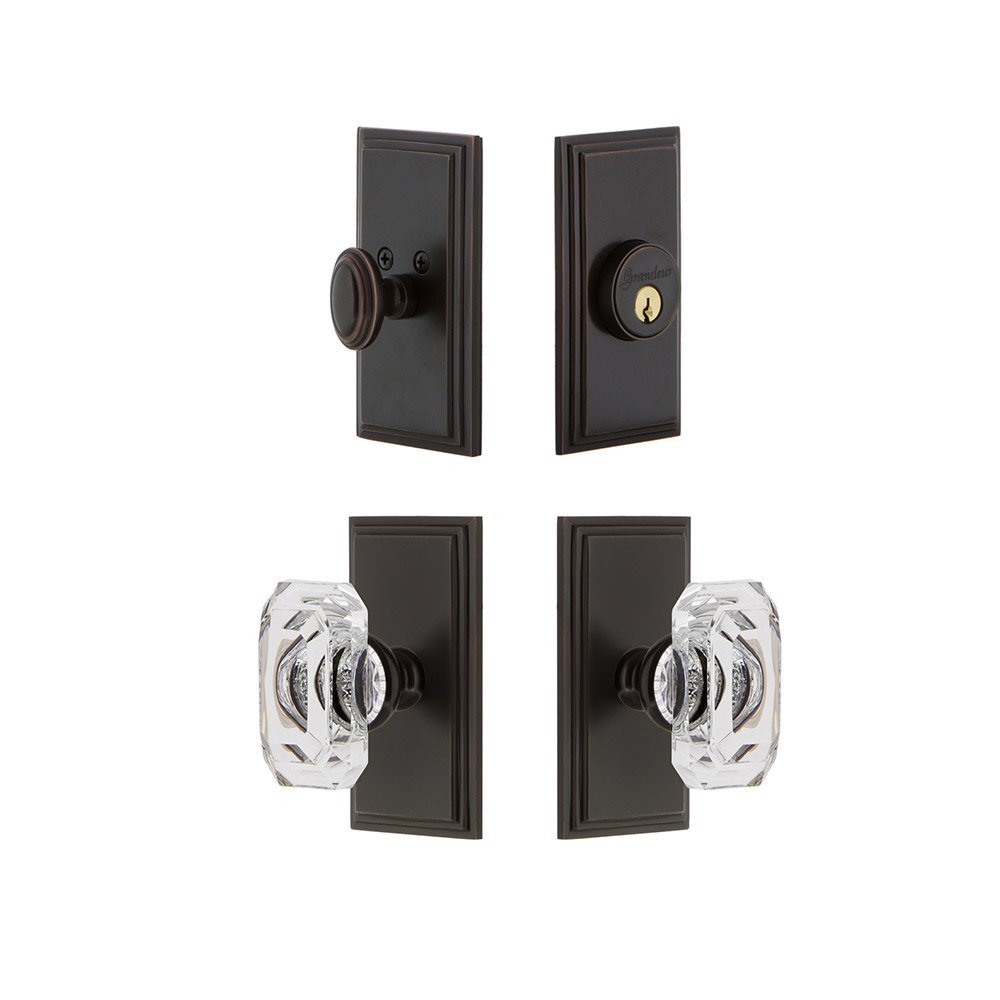 Handleset - Carre Plate With Baguette Crystal Knob & Matching Deadbolt In Timeless Bronze