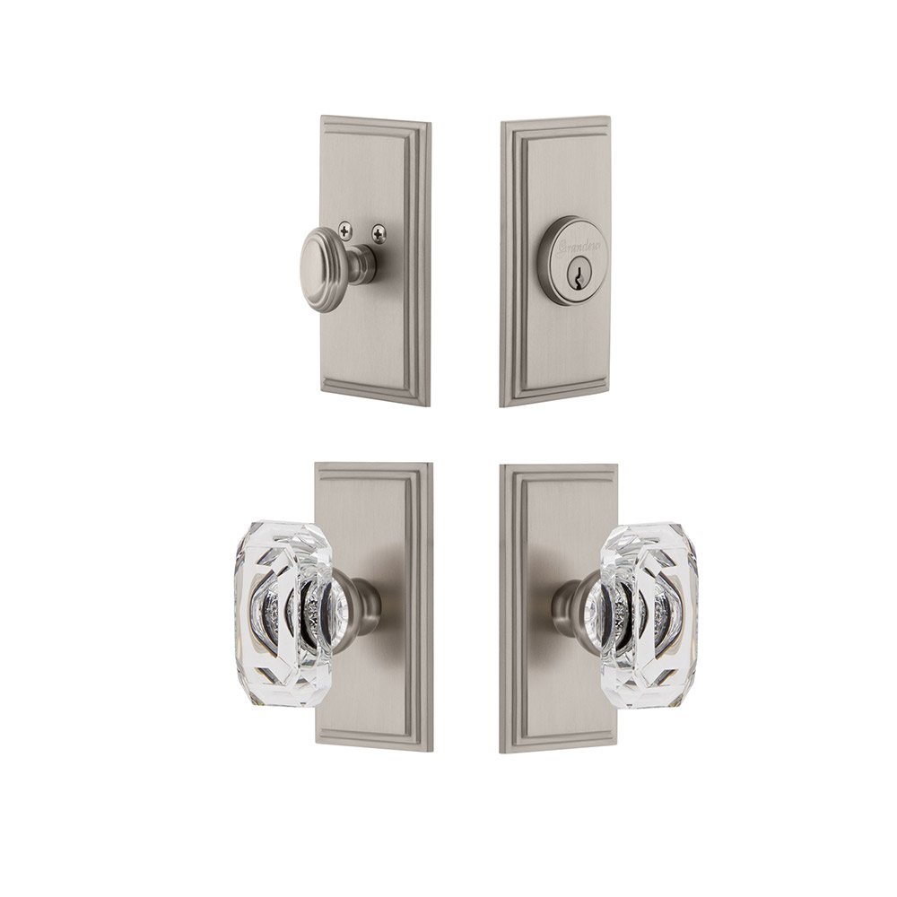 Handleset - Carre Plate With Baguette Crystal Knob & Matching Deadbolt In Satin Nickel