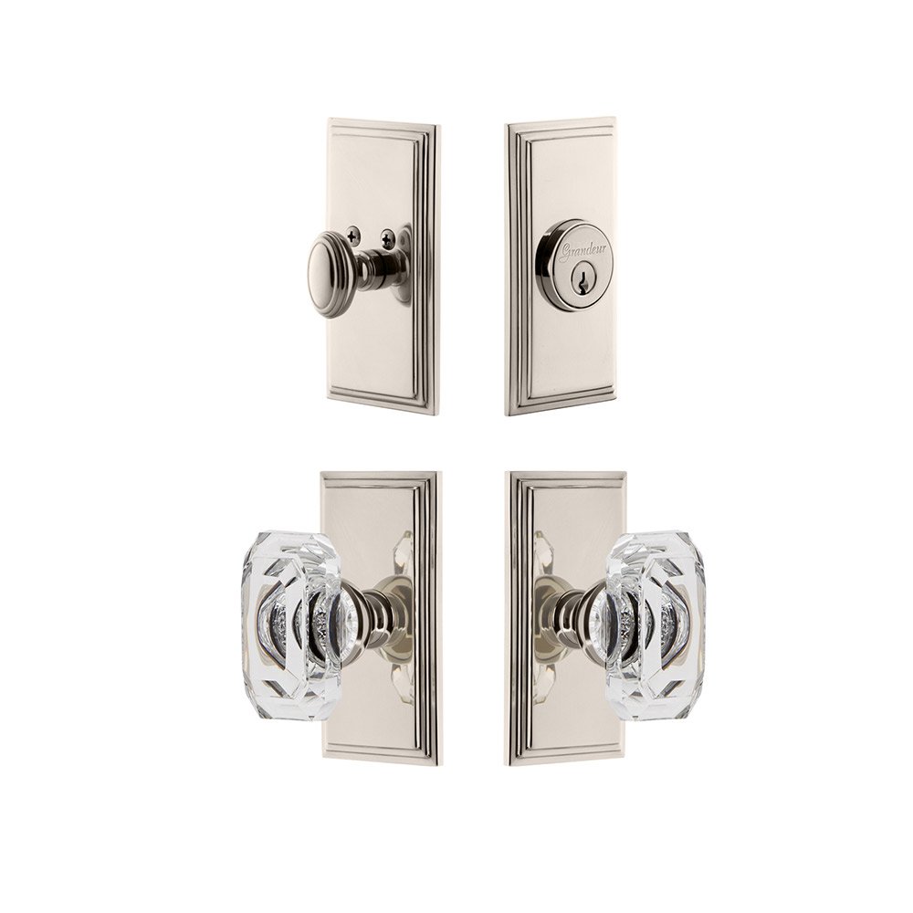 Handleset - Carre Plate With Baguette Crystal Knob & Matching Deadbolt In Polished Nickel