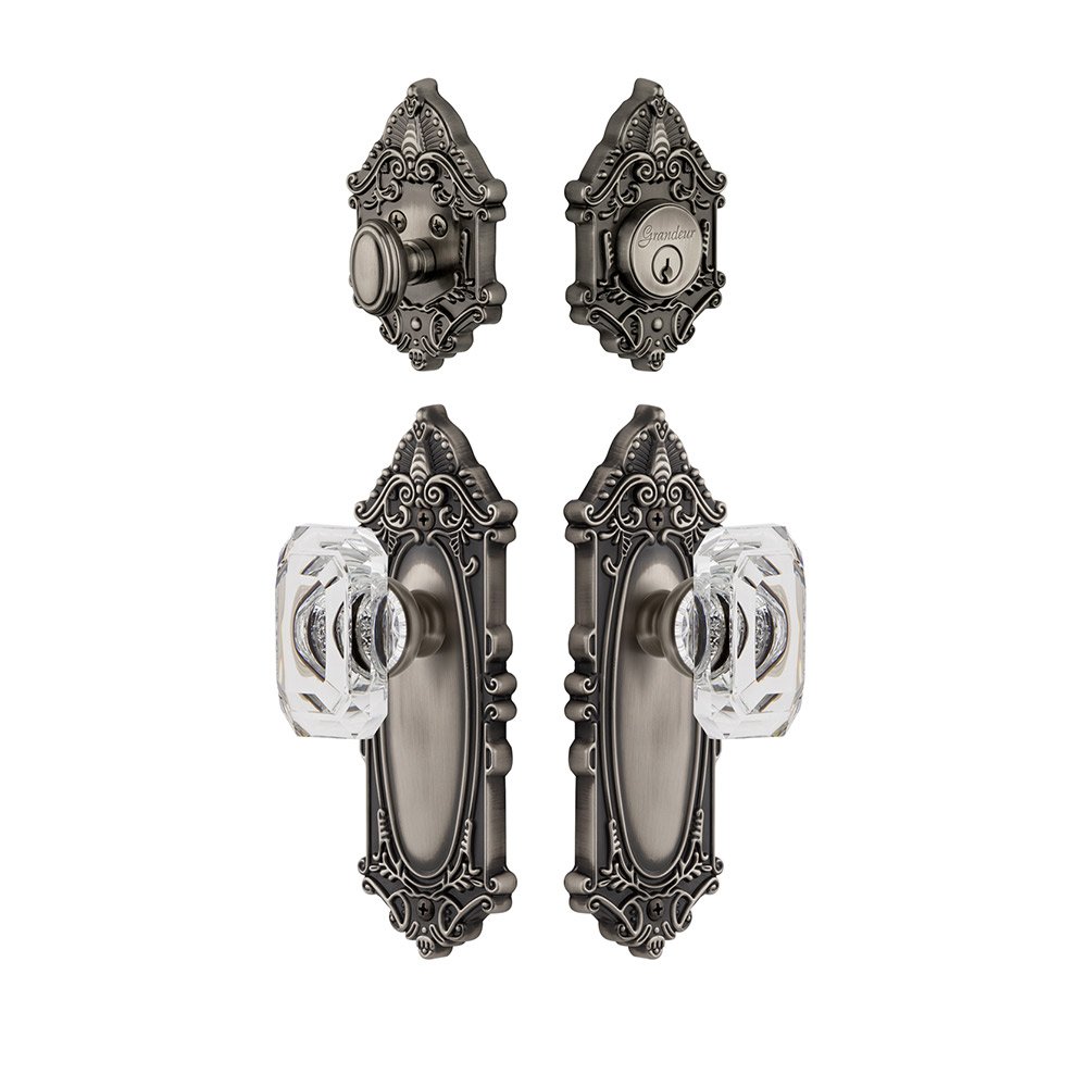 Handleset - Grande Victorian Plate With Baguette Crystal Knob & Matching Deadbolt In Antique Pewter