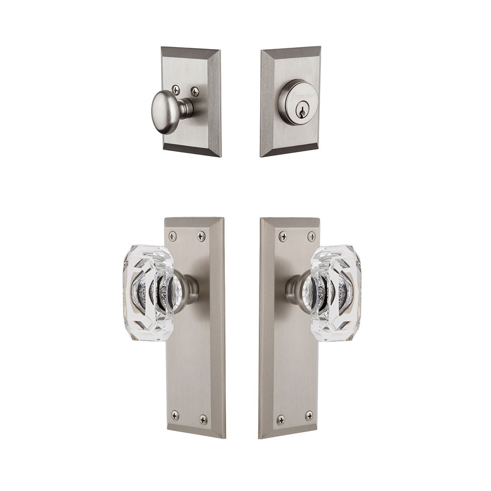 Fifth Avenue Plate With Baguette Crystal Knob & Matching Deadbolt In Satin Nickel