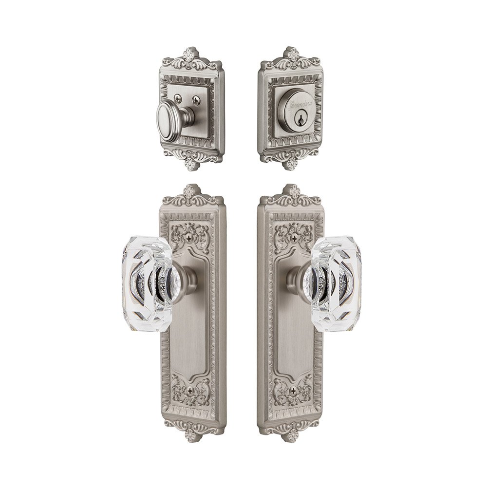 Windsor Plate With Baguette Crystal Knob & Matching Deadbolt In Satin Nickel