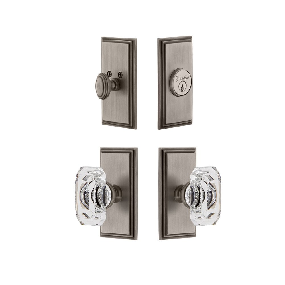 Handleset - Carre Plate With Baguette Crystal Knob & Matching Deadbolt In Antique Pewter