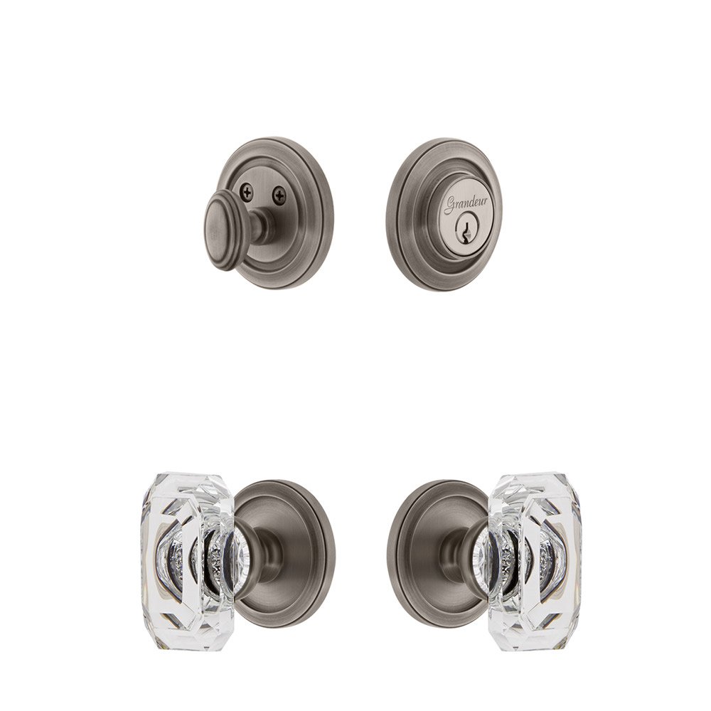 Handleset - Circulaire Rosette With Baguette Crystal Knob & Matching Deadbolt In Antique Pewter