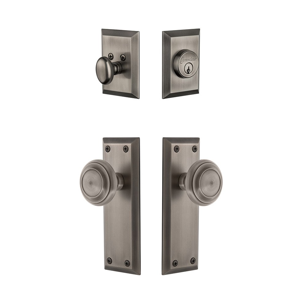 Fifth Avenue Plate With Circulaire Knob & Matching Deadbolt In Antique Pewter