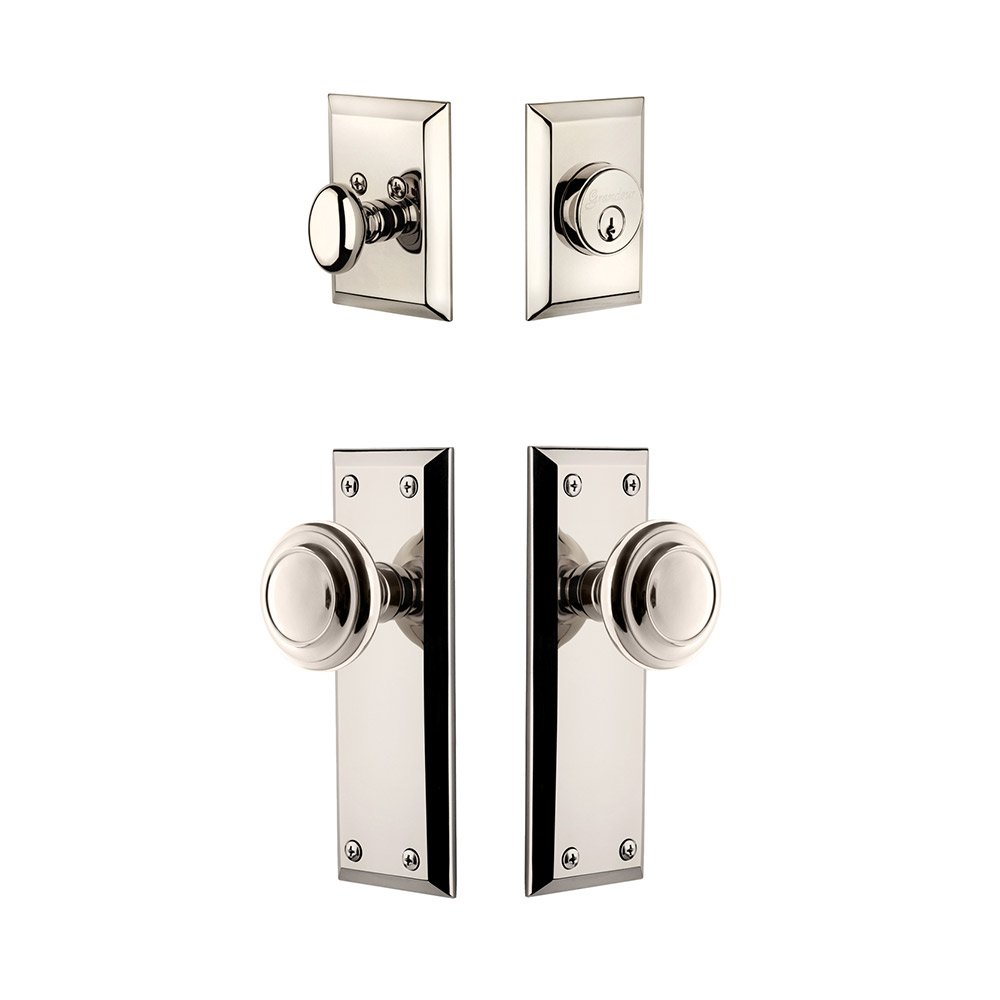 Fifth Avenue Plate With Circulaire Knob & Matching Deadbolt In Polished Nickel