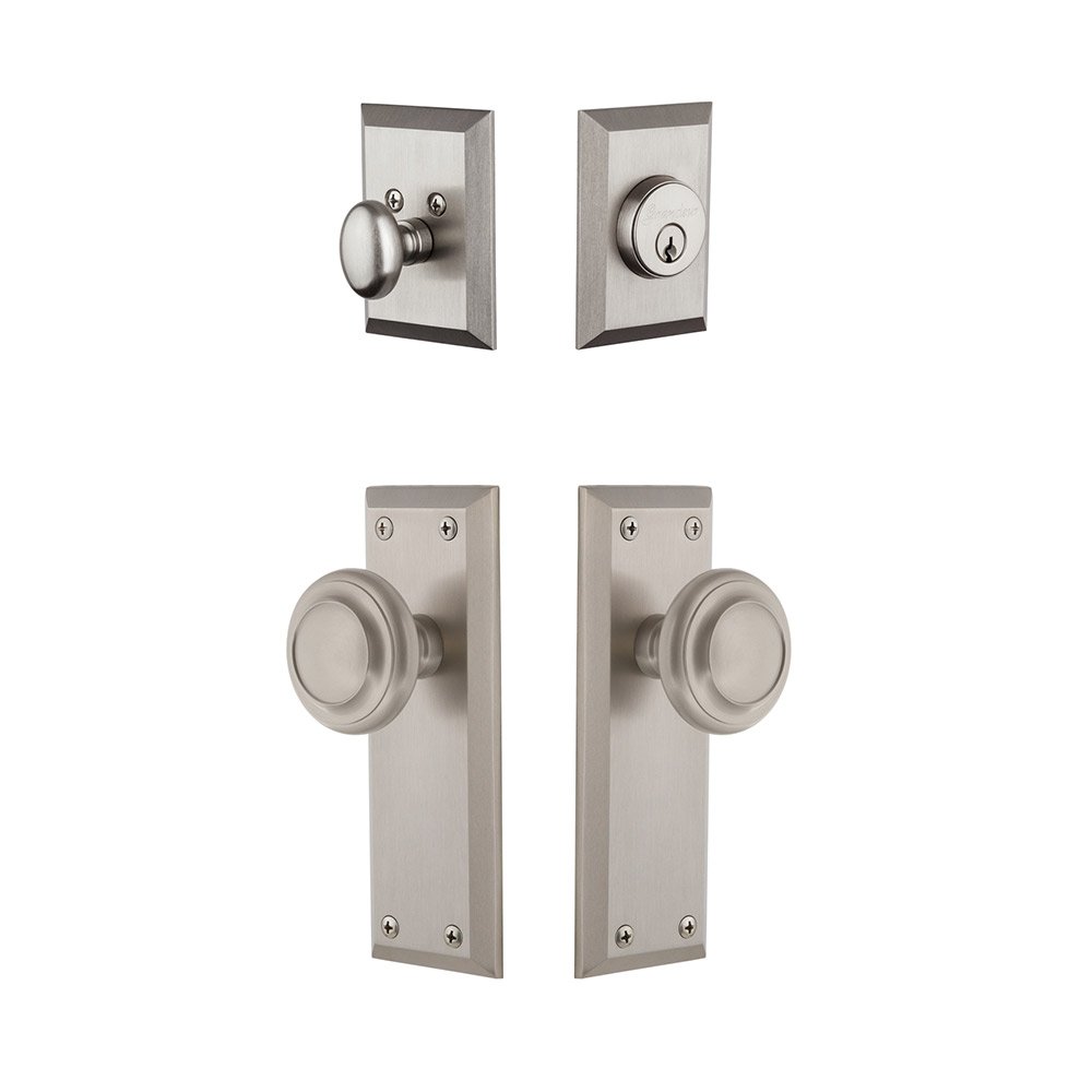 Fifth Avenue Plate With Circulaire Knob & Matching Deadbolt In Satin Nickel