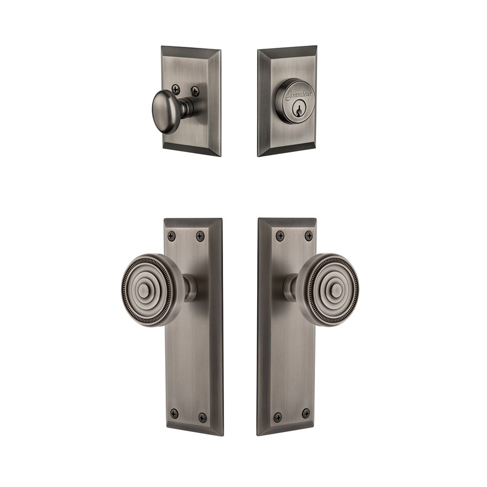 Fifth Avenue Plate With Soleil Knob & Matching Deadbolt In Antique Pewter