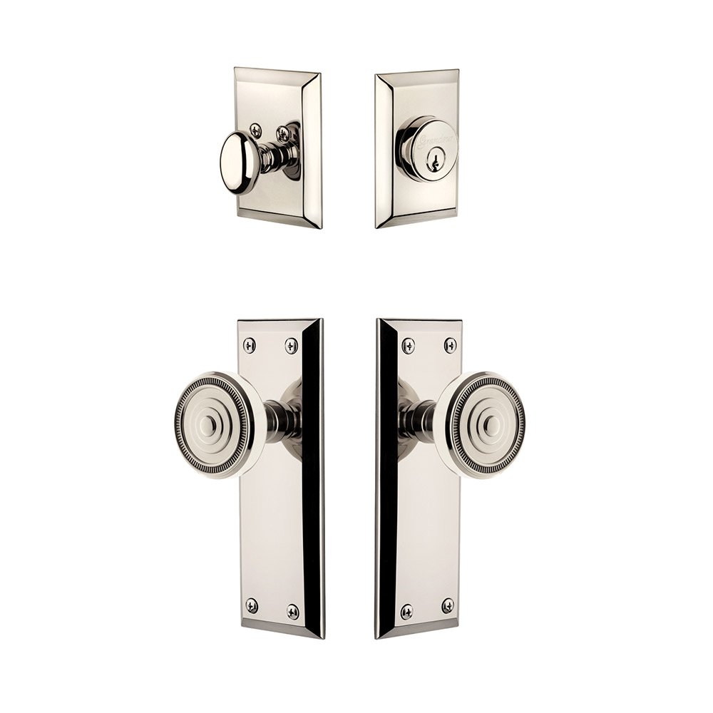 Fifth Avenue Plate With Soleil Knob & Matching Deadbolt In Polished Nickel
