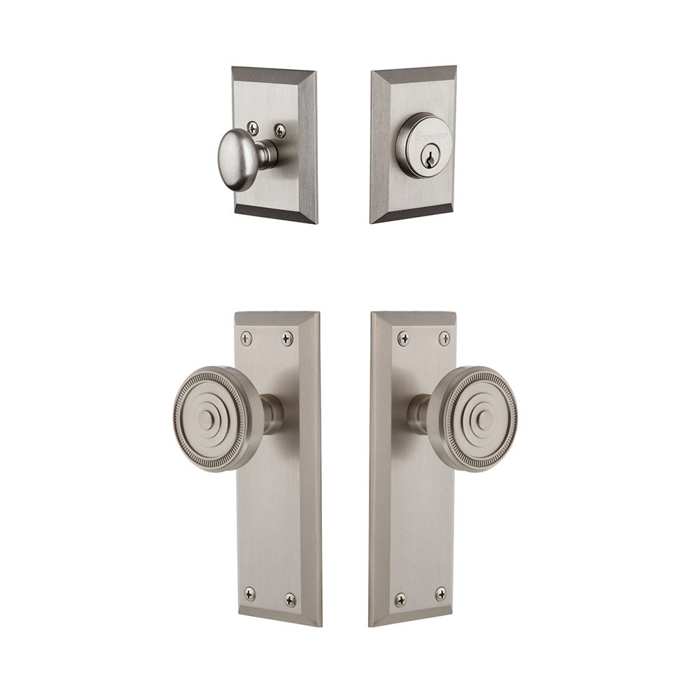 Fifth Avenue Plate With Soleil Knob & Matching Deadbolt In Satin Nickel