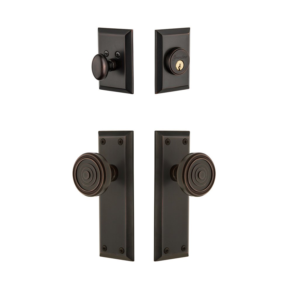 Fifth Avenue Plate With Soleil Knob & Matching Deadbolt In Timeless Bronze