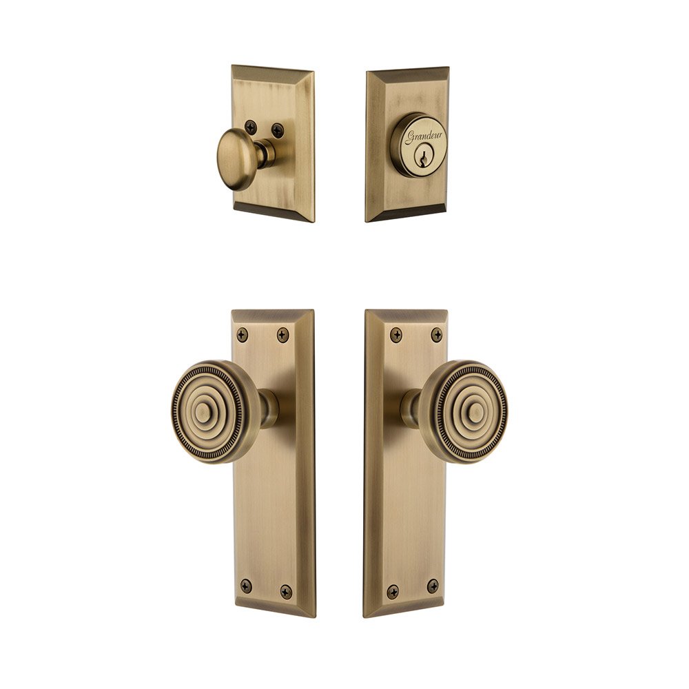 Fifth Avenue Plate With Soleil Knob & Matching Deadbolt In Vintage Brass