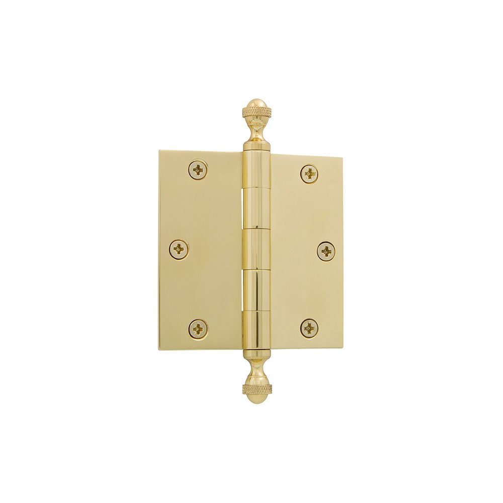 3 1/2" Acorn Tip Residential Hinge with Square Corners in Polished Brass