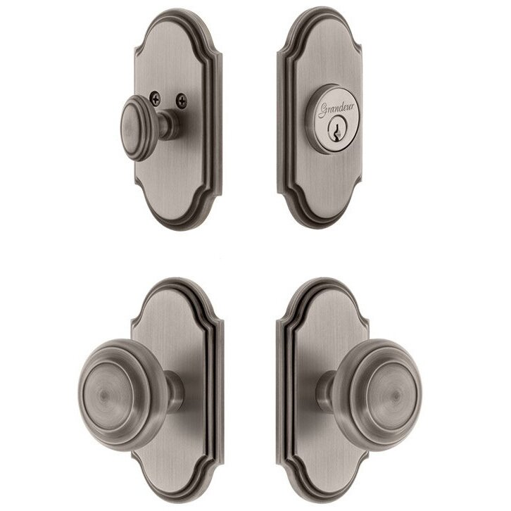 Handleset - Arc Plate With Circulaire Knob & Matching Deadbolt In Antique Pewter