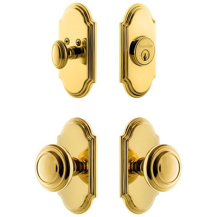 Handleset - Arc Plate With Circulaire Knob & Matching Deadbolt In Lifetime Brass