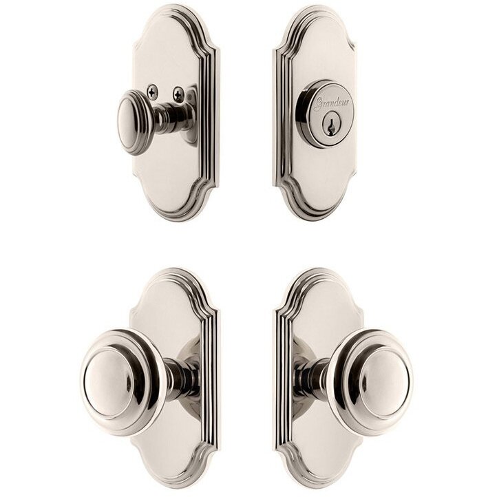 Handleset - Arc Plate With Circulaire Knob & Matching Deadbolt In Polished Nickel