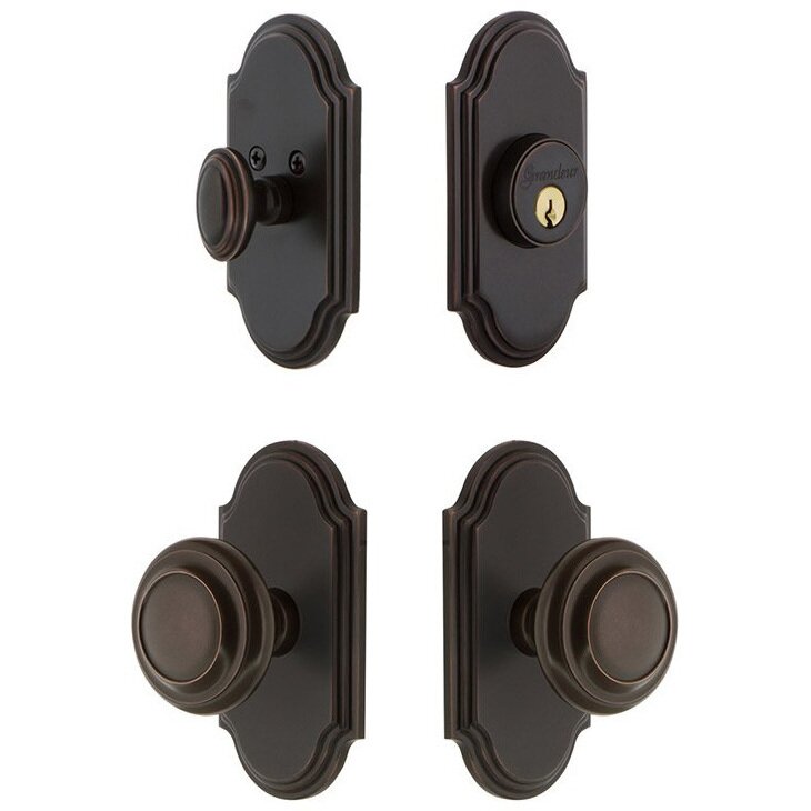 Handleset - Arc Plate With Circulaire Knob & Matching Deadbolt In Timeless Bronze