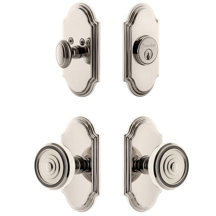 Handleset - Arc Plate With Soleil Knob & Matching Deadbolt In Polished Nickel