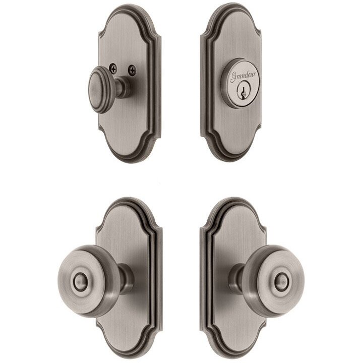 Handleset - Arc Plate With Bouton Knob & Matching Deadbolt In Antique Pewter