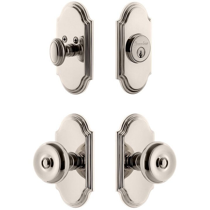 Handleset - Arc Plate With Bouton Knob & Matching Deadbolt In Polished Nickel