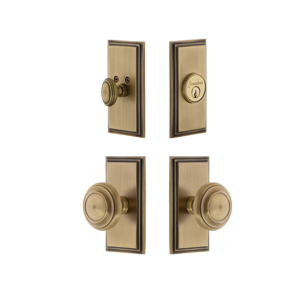 Handleset - Carre Plate With Circulaire Knob & Matching Deadbolt In Vintage Brass