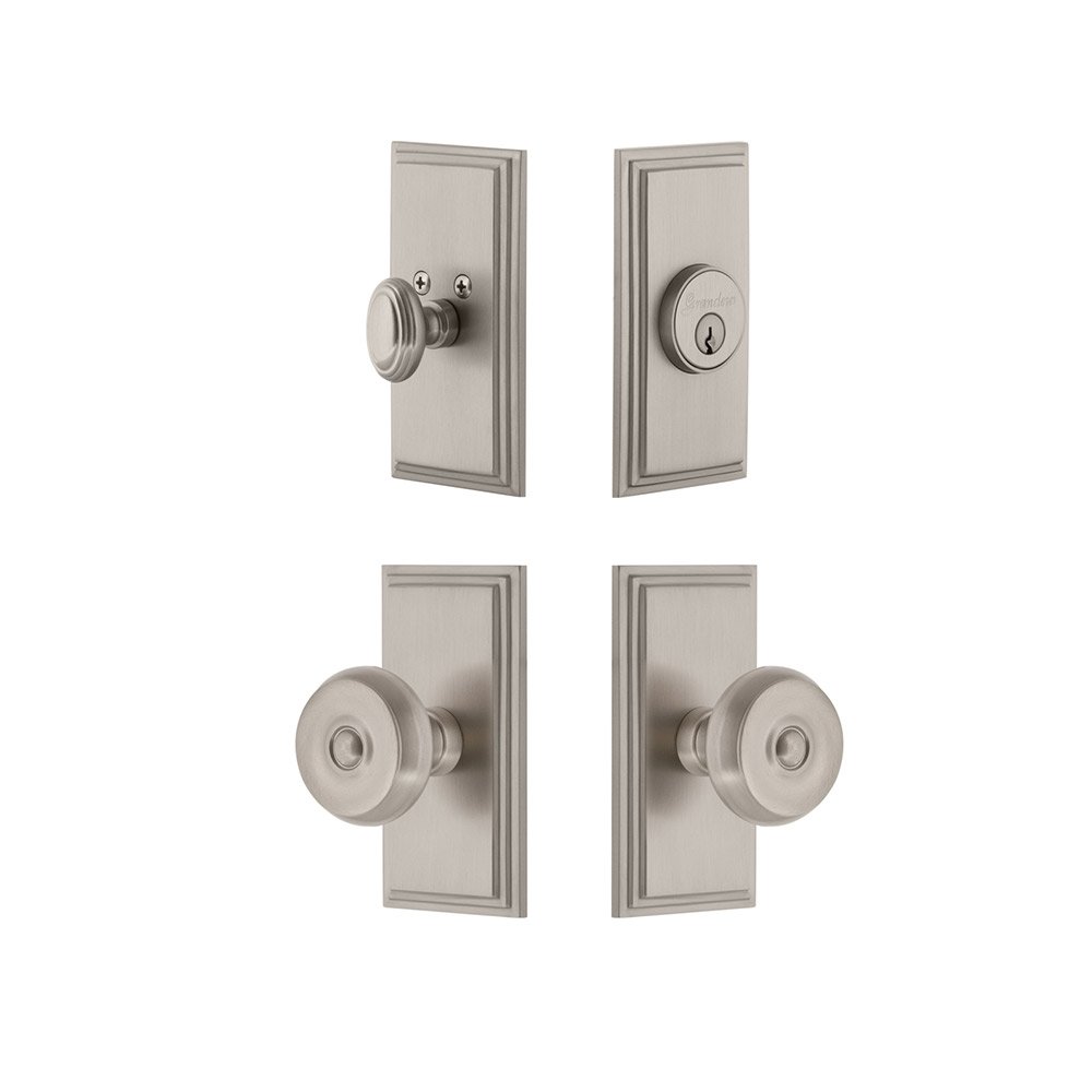 Handleset - Carre Plate With Bouton Knob & Matching Deadbolt In Satin Nickel