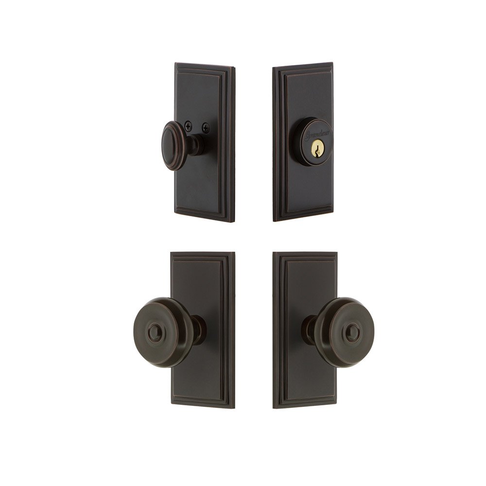 Handleset - Carre Plate With Bouton Knob & Matching Deadbolt In Timeless Bronze